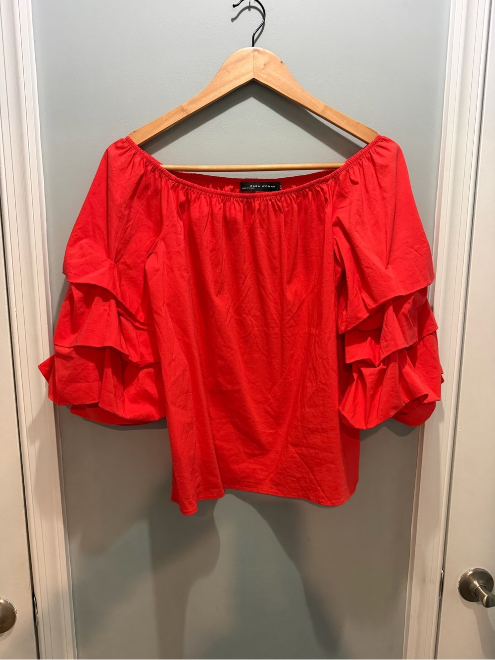 Zara Coral Red Off-the-Shoulder Ruffle Sleeve Blouse